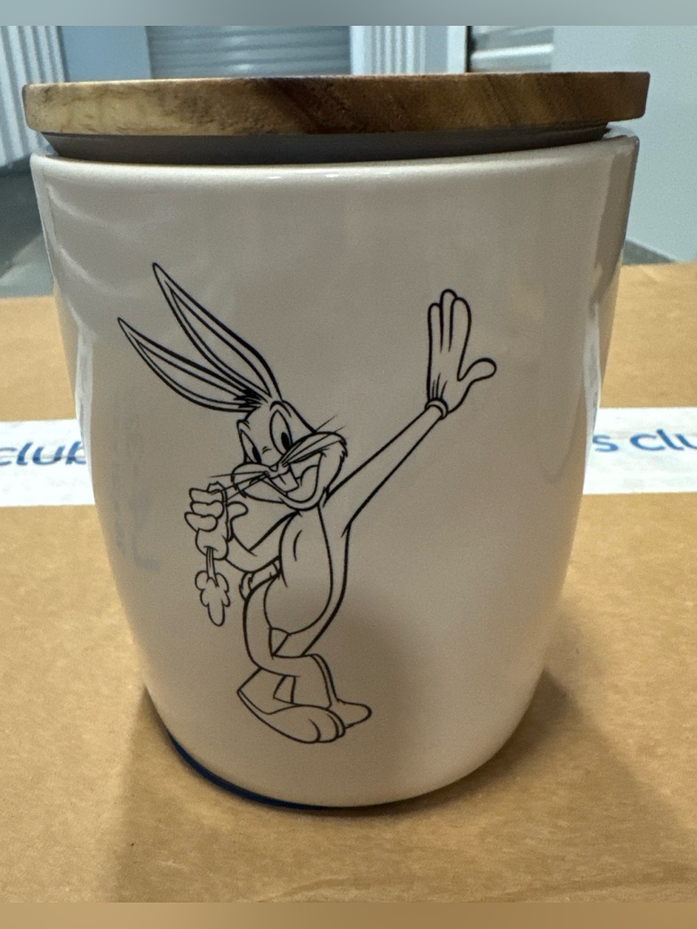 Rae Dunn White Ceramic Canister with Wood Lid - Bugs Bunny